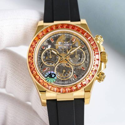 Rolex Daytona 4131 Movement 40mm Skeleton Pumpkin Dial Face Oysterflex Band Watch